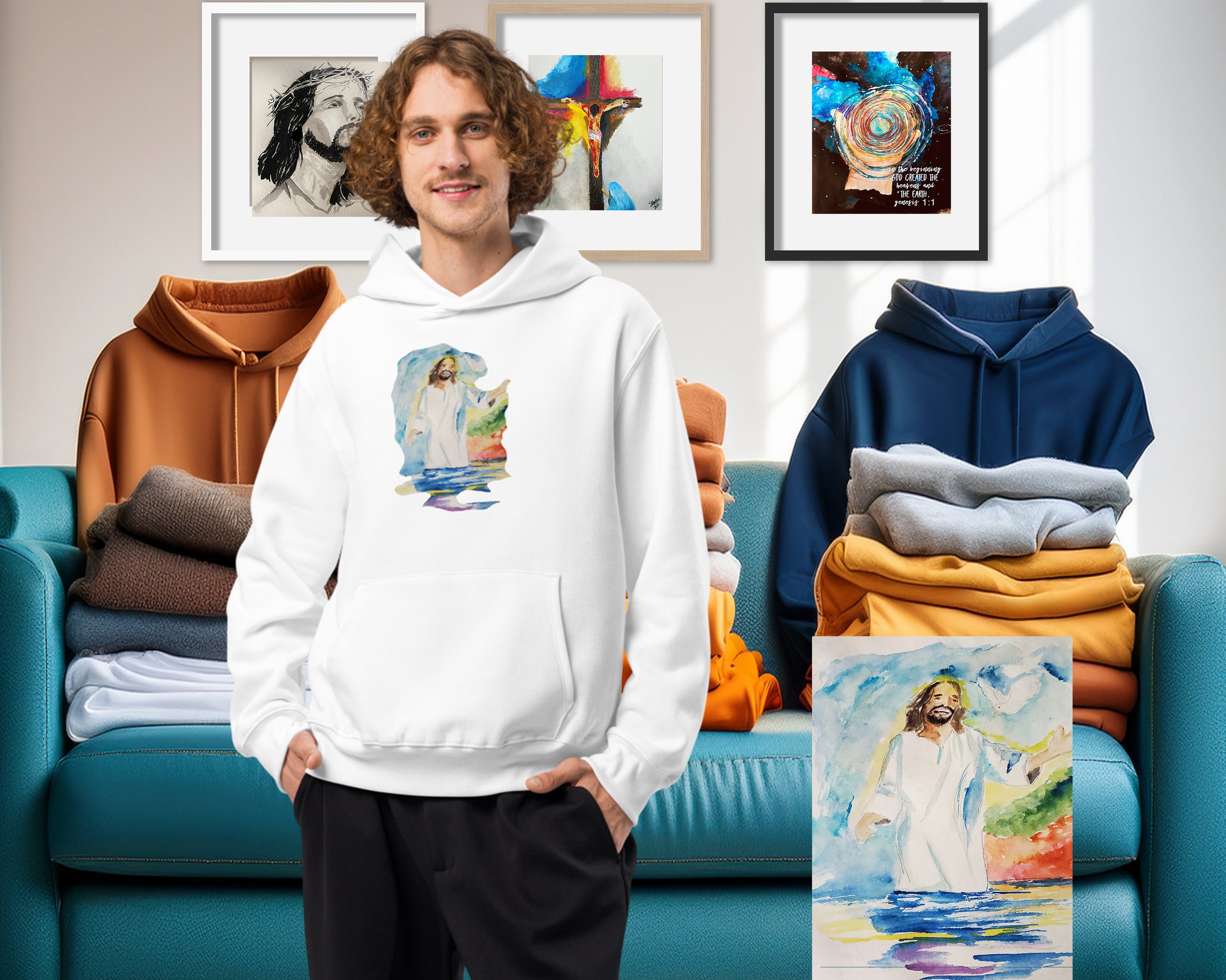 A man wearing a white pullover hoodie with a colorful watercolor-style graphic of Jesus on the chest, standing in front of a teal sofa with folded hoodies and framed wall art in the background.